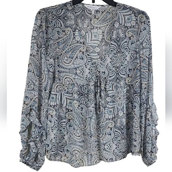 BCBGeneration Women's Sheer Blue Paisley Babydoll Top Long Ruffle Sleeve Blouse - Picture 13 of 13